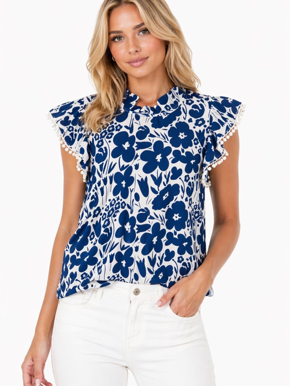 THML Blue and White Floral Ruffle Sleeve Blouse
